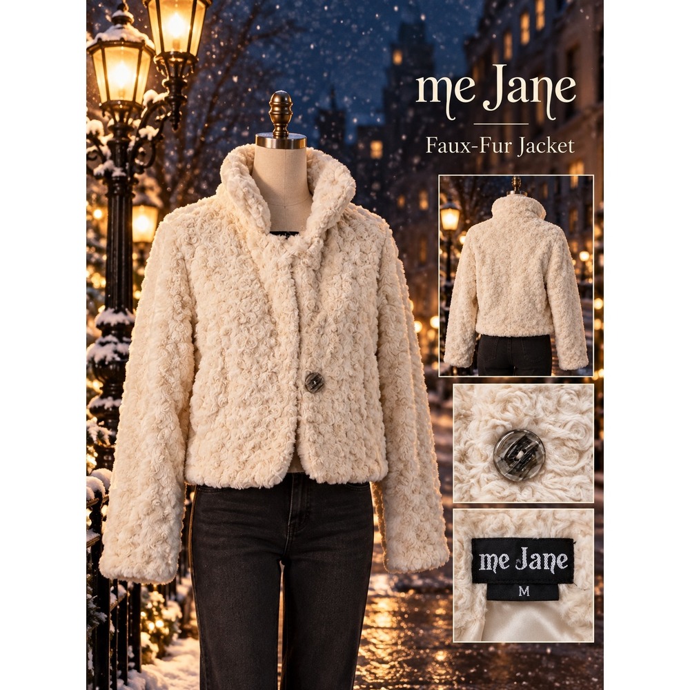 Me Jane Cream Faux Fur Rosette Cropped Jacket Medium Single Button Cream White